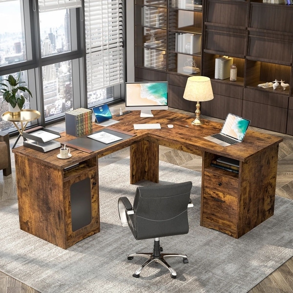 Modern Farmhouse L-Shape Desk with File Cabinet and Drawers, Homer