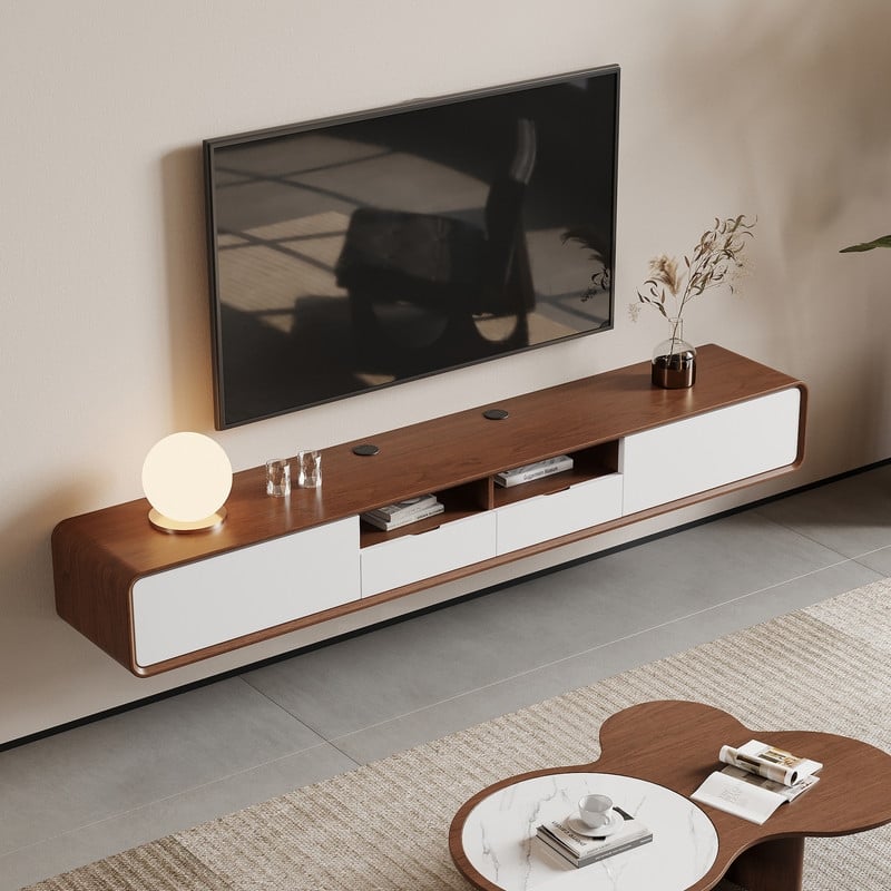 70.78" Mid Century Floating TV Stands, Modern Media Console with Brown Solid Wood, 4 Drawers