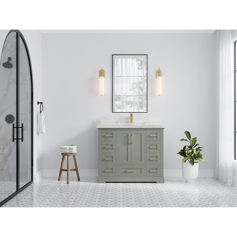 Willow Collection 42 in W x 22 in D x 36 in H Boston Single Bowl Sink Bathroom Vanity with Countertop - 2"Calacatta Nuvo - Evergreen