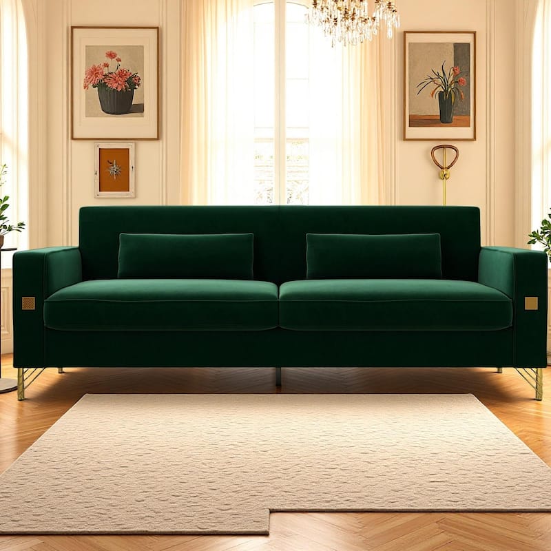 Square Armrests Loveseat Sofa, Exquisite 2 Seater Couch with 2 Pillows, Upholstered Accent Sofa for Living Room