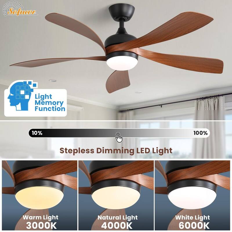 52 Inch Ceiling Fan with Remote & Lights Quiet DC Motor 5 Blade High CFM Modern Fan