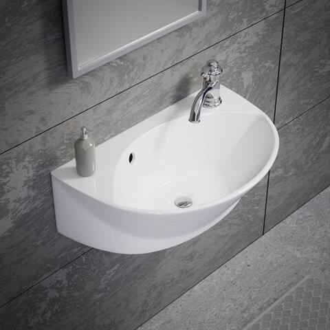 Small Bathroom Sink 17" White Wall Mounted Ceramic Oval Basin Porcelain Sink with Overflow Renovators Supply