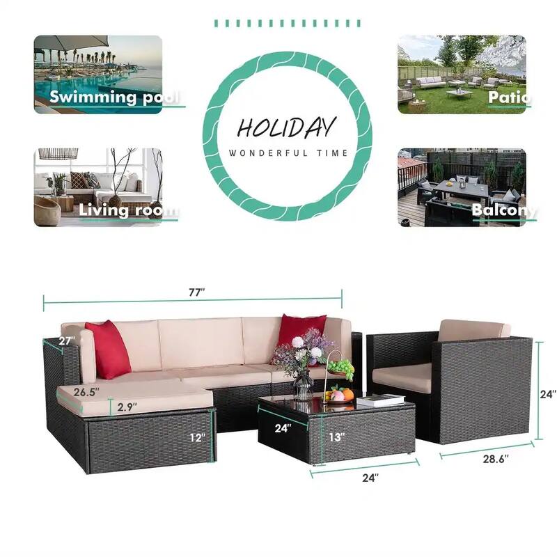 Homall 6-piece Patio Furniture Set Cushioned PE Rattan Outdoor Sectional Sofa Conversation Set
