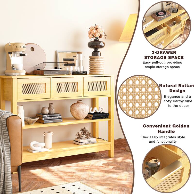 Anmytek Teal Rattan Entryway Console Table with 3 Drawers Adjustable Shelves Boho Chic Storage