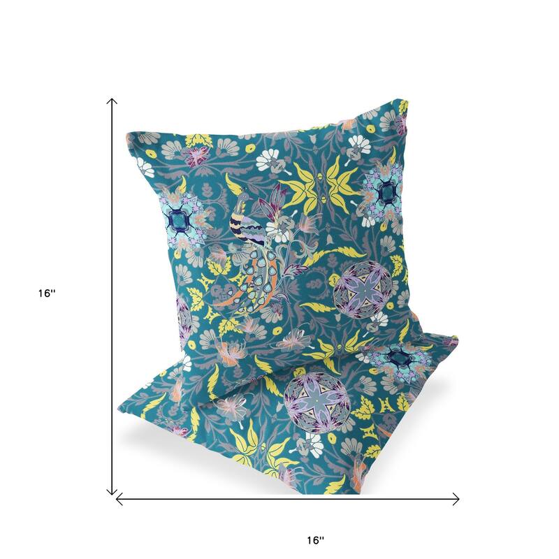 HomeRoots Set of Two 16" X 16" Green and Yellow Peacock Blown Seam Eclectic Indoor Outdoor Throw Pillow