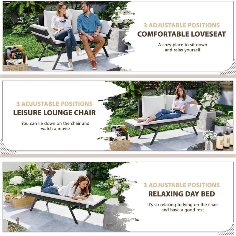 BOSSIN All-Weather Rattan Convertible Daybed - Outdoor Sofa w/ Adjustable Arms & Waterproof Cushions - Patio, Poolside, Porch