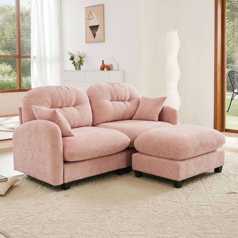 2 Seat Chenille Sofa Round Arms Sectional Sofa, Modern 74" Tufted Back Couch with Ottoman for Lving Room, Small Space