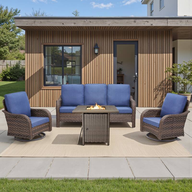 Pocassy Patio Funiture Sofa Swivel Chair Ottoman with Fire Table Set - Blue Cushion - Brown Wicker - 4-Piece Sofa Swivel Chair with Fire Table