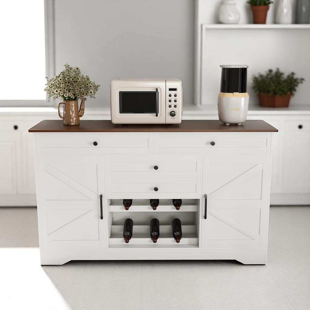54" Kitchen Storage Sideboard with Barn Doors, Adjustable Shelves, Wood Countertop, White & Walnut