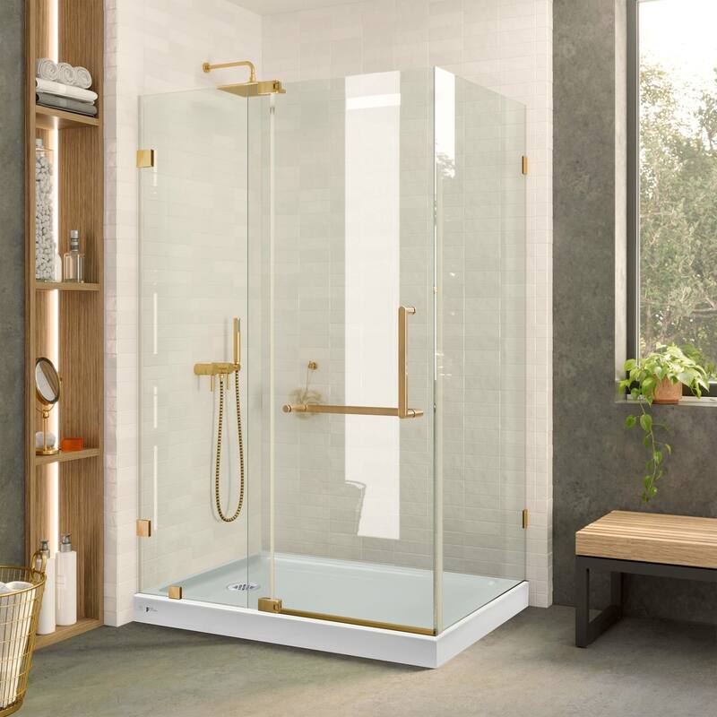 Shower Enclosure with Double Threshold Acrylic Shower Base Set - 40" x 28" - Left Hand - Satin Brass