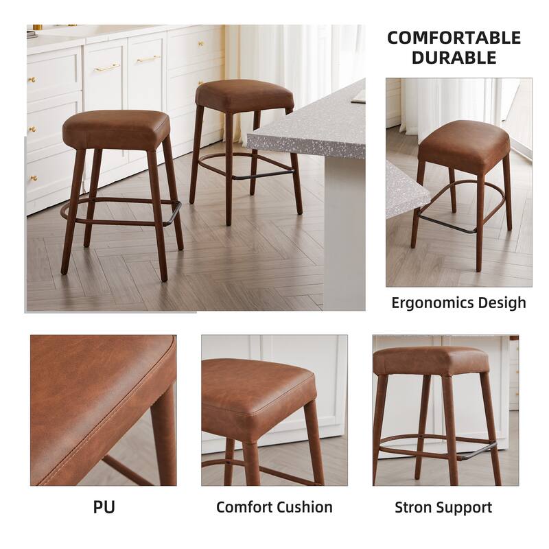 Set of 2 Counter Height Backless Brown Faux Leather Bar Stool - Comfortable Padded Seat with Sturdy Metal Legs