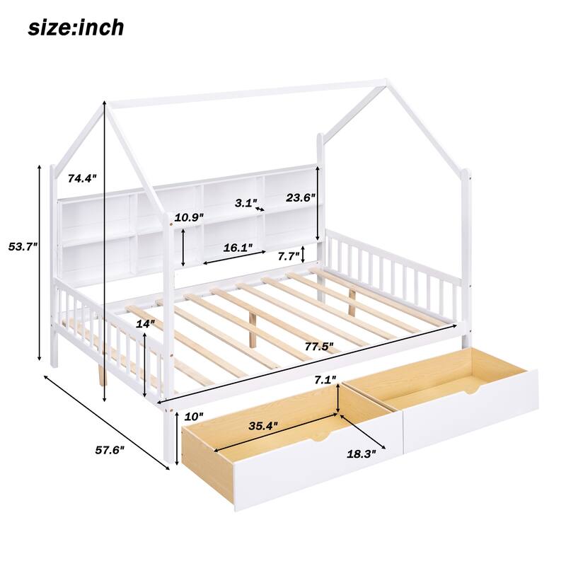 77.5" Length Wooden House Bed with 2 Drawers,Kids Bed with Storage Shelf