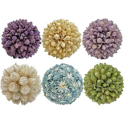 Handmade Preserved Topiary Balls, Set of 6 Decorative Floral Orbs - 4 inch