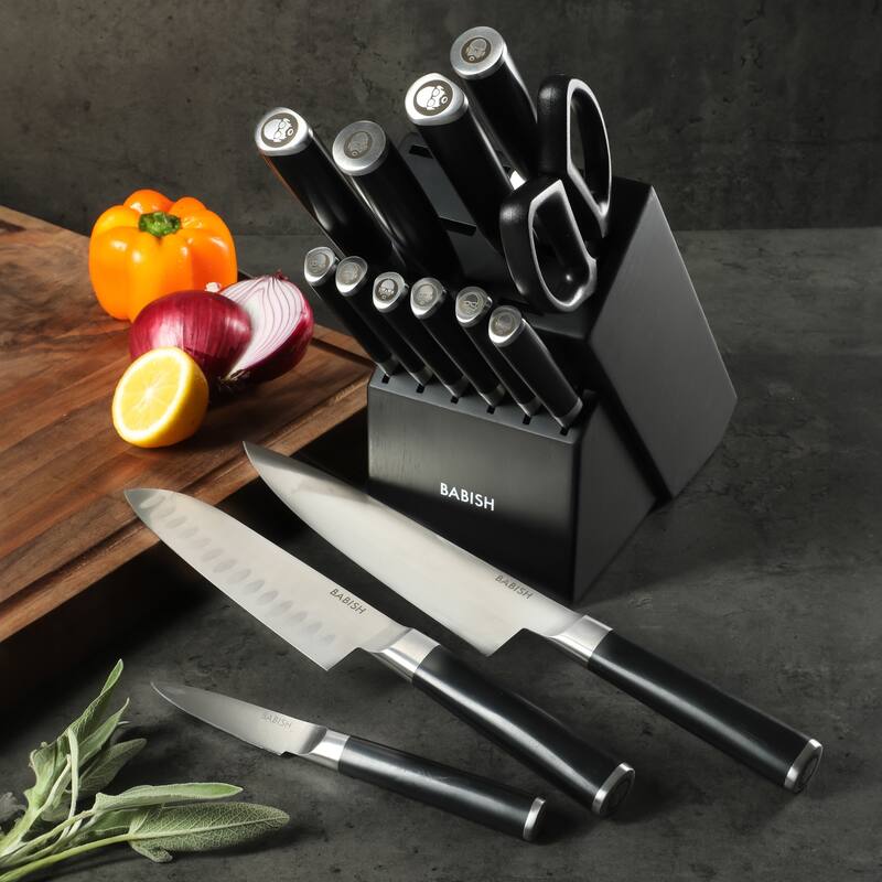 Babish High-Carbon 1.4116 German Steel 15 Piece Full Tang Forged Cutlery Block Set - Black