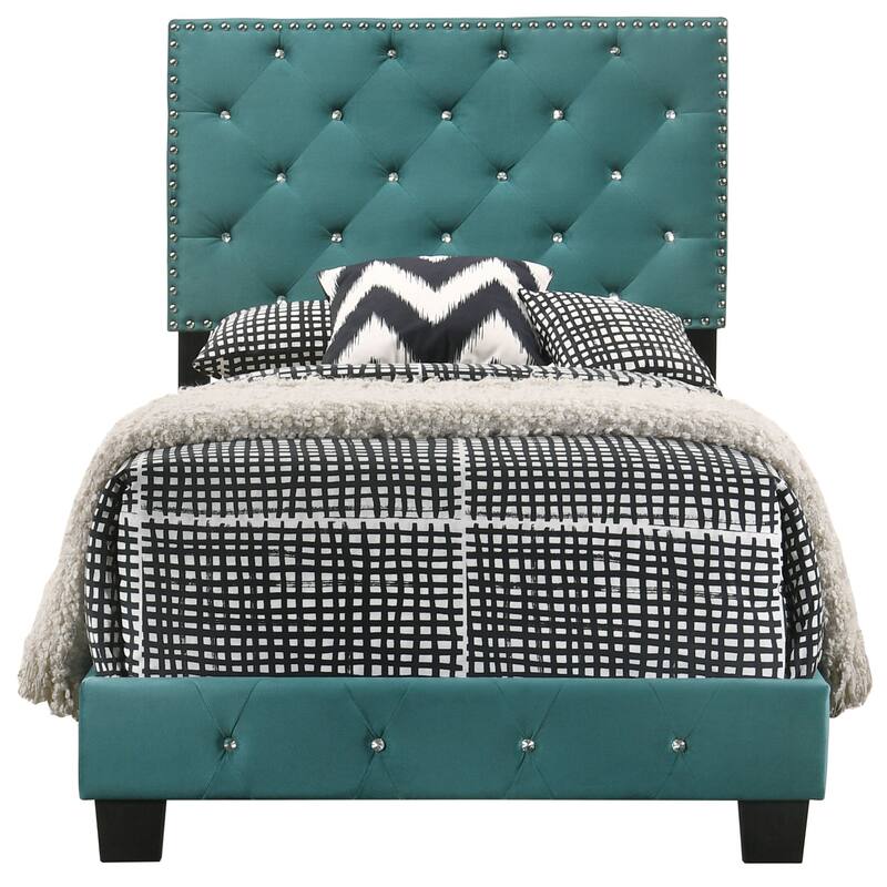 Suffolk Velvet Upholstered Jewel Accent Tufted Nailhead Panel Bed