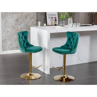 Upholstered Base Bar Stools with Backs Adjustable Swivel Bar Chair (Set of 2), Green