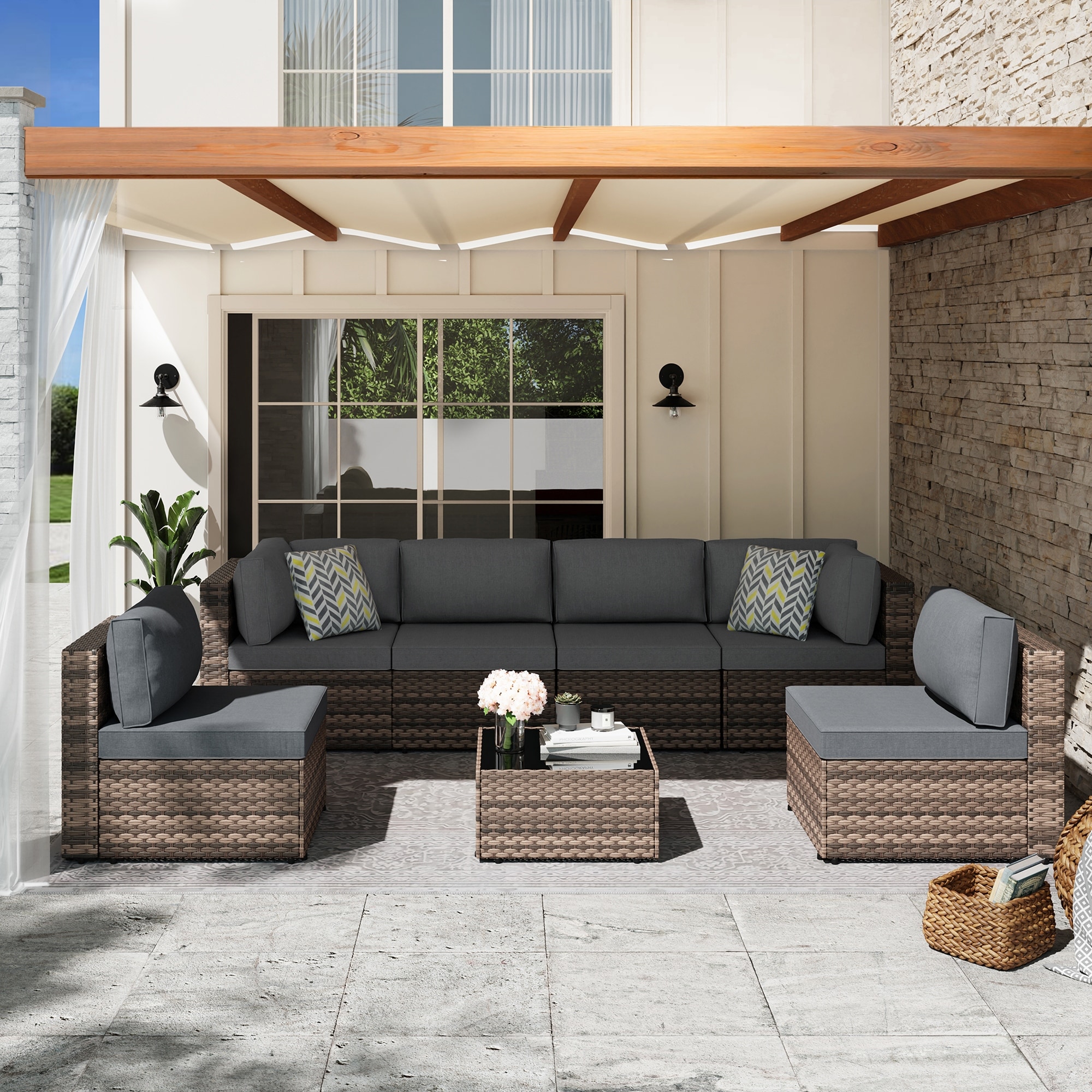 7-Piece Wicker Outdoor Sectional Sofa Set with Cushions