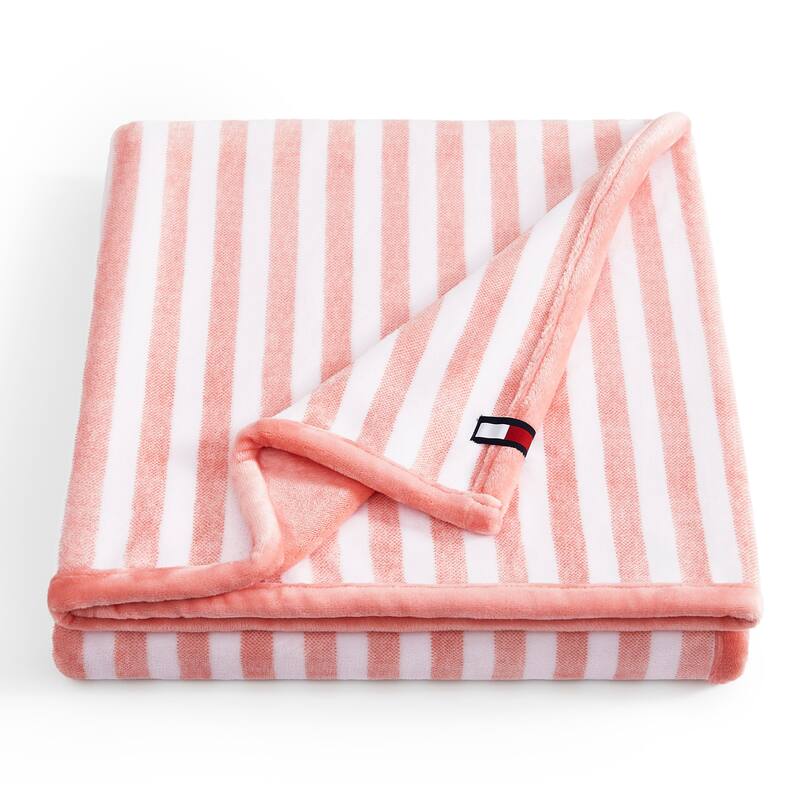 Tommy Hilfiger Printed Plush Reversible Throw Blanket - Laguna Beach Stripe Pink