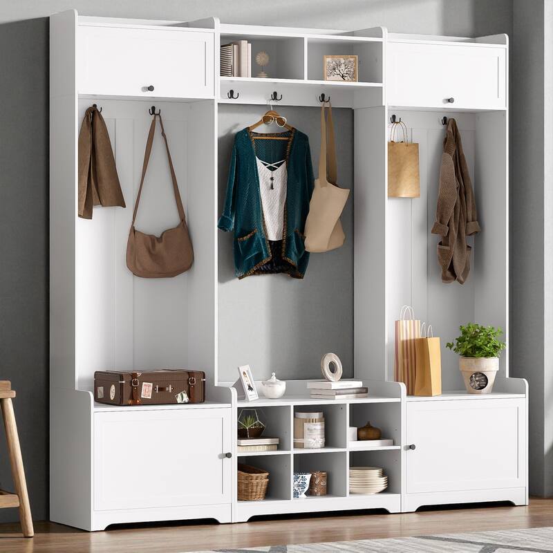 79.1'' Wide Modern 4-in-1 Hall Tree with Bench, 8 Cubbies, Adjustable Shelves & 7 Hooks for Entryway, Hallway, Living Room