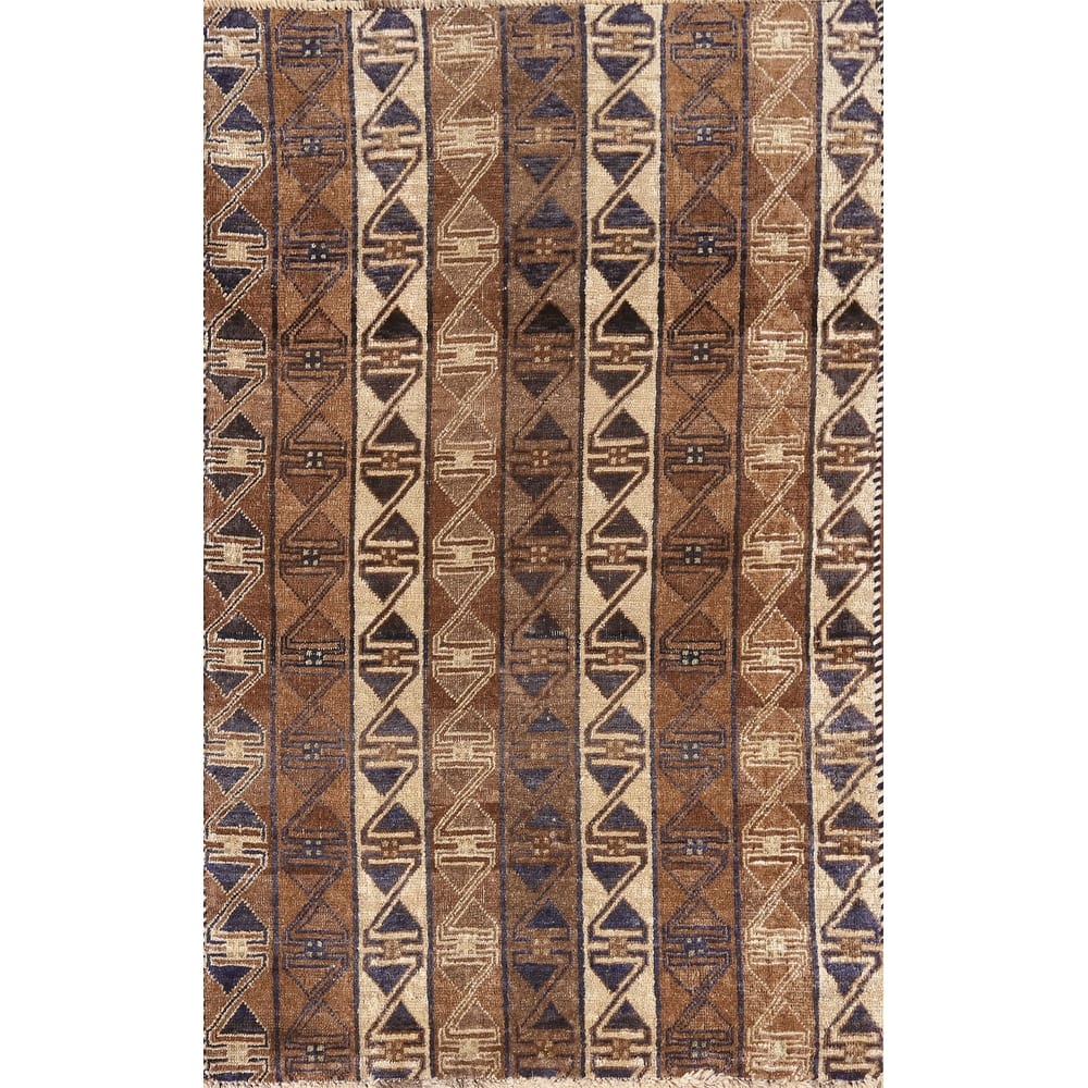 Brown Geometric Balouch Persian Vintage Rug Hand-knotted Wool Carpet - 2'11"x 5'0"