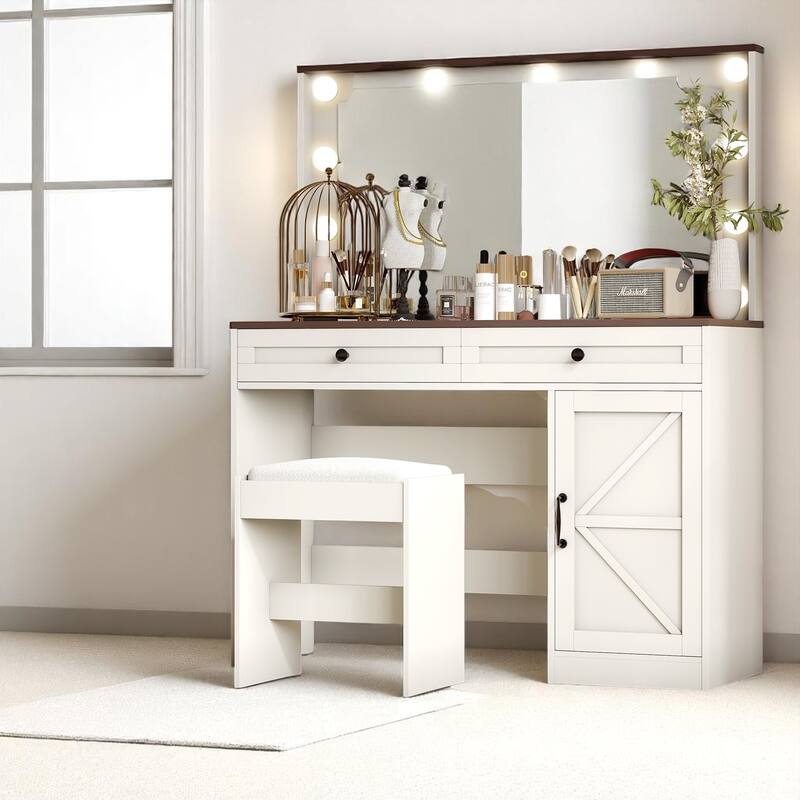 43.4" Makeup Vanity Table with LED Mirror & Stool - 3 Drawers, Adjustable Brightness, Dressing Desk