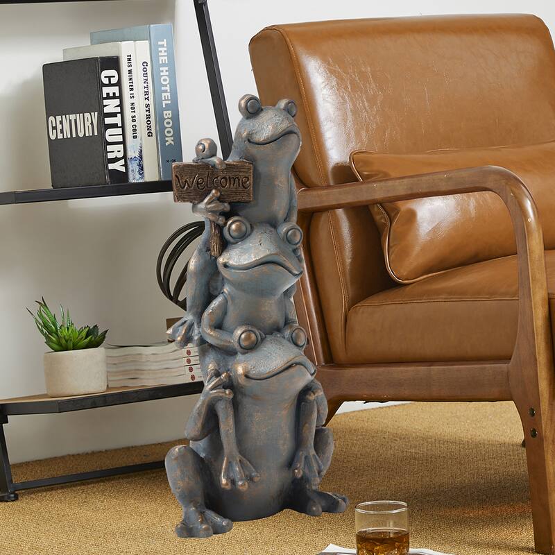 28" H Bronze MgO Lucky Stacked Frogs Garden Statues with "Welcome" Sign Zen-style Coastal-style Sculpture by Glitzhome