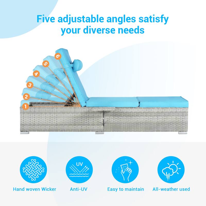 Set of 2 Outdoor Rattan Chaise Lounge with Adjustable Backrest