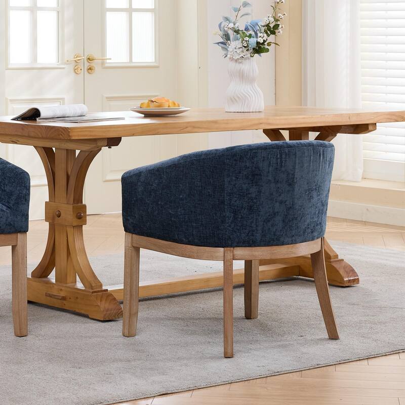 Mid Century Modern Upholstered Barrel Dining Chairs with Arms, Farmhouse Linen Kitchen Chairs with Natural Hardwood Frame