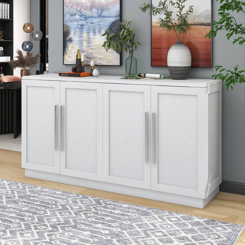Sideboard with 4 Doors Large Storage Space Buffet Cabinet with Adjustable Shelves and Silver Handles for Kitchen - White