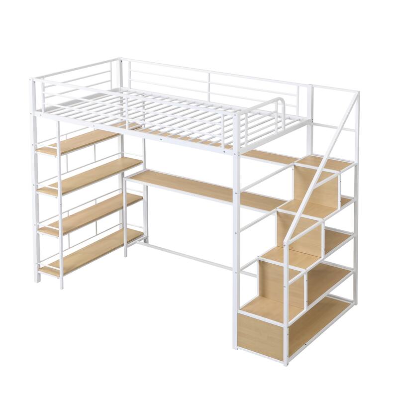 Metal Loft Bed with Staircase, Built-In Desk and Storage Shelves