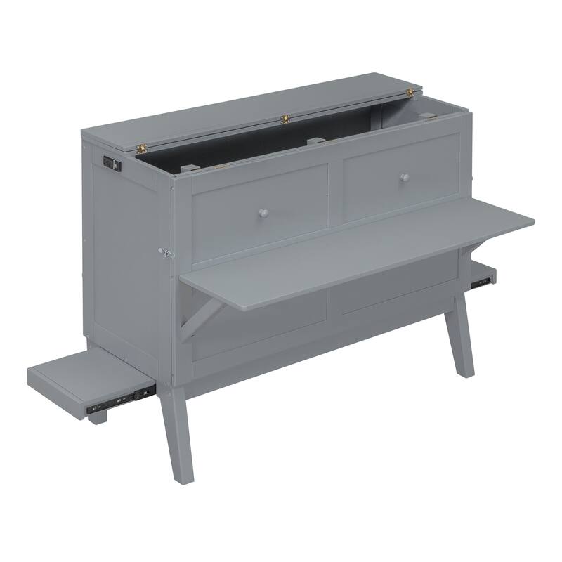 Full Size Murphy Bed with USB Port, Solid Wood Murphy Chest Bed, Platform Murphy Bed Frame with Removable Shelves On Each Side