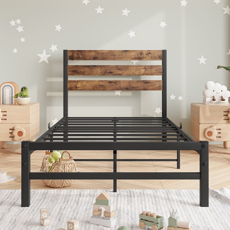 Rustic Brown Wood and Black Metal Twin Size Platform Bed
