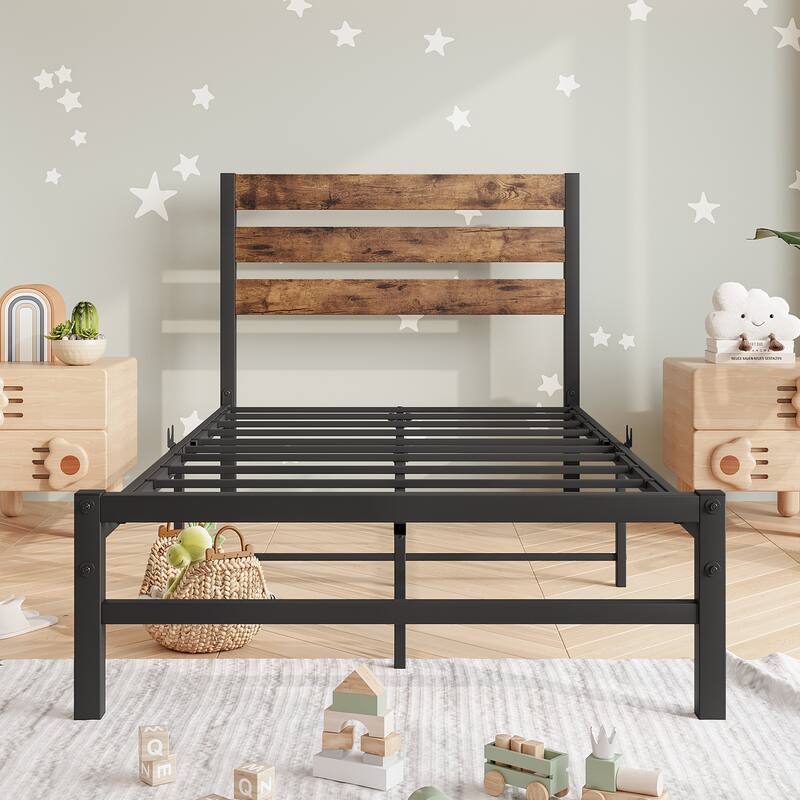 Twin Size Heavy Duty Metal Platform Bed Frame with Storage Underneath and Headboard, Metal Slats Support - Brown