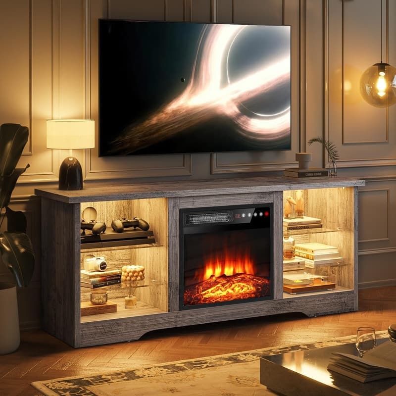 Bossin 58" Fireplace TV Stand with 18'' Electric Fireplace,Modern Entertainment Center for 65'' TVs,TV Console - Grey