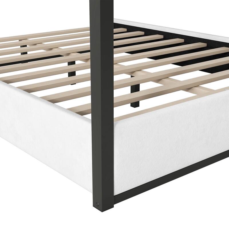 Roomfitters Queen Canopy Platform Bed with Velvet Upholstered Headboard, Metal Frame, White