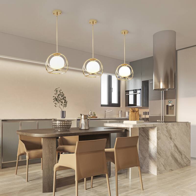 Elegant 1 - Light Gold Pendant with Encircled White Glass - Brushed Gold