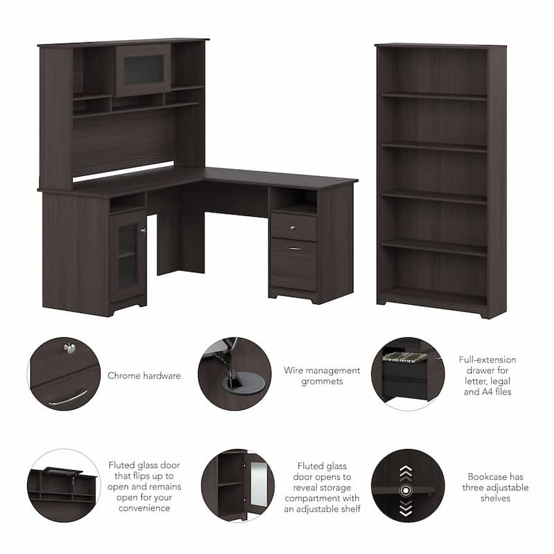 Cabot 60W L-Desk with Hutch and 5 Shelf Bookcase by Bush Furniture