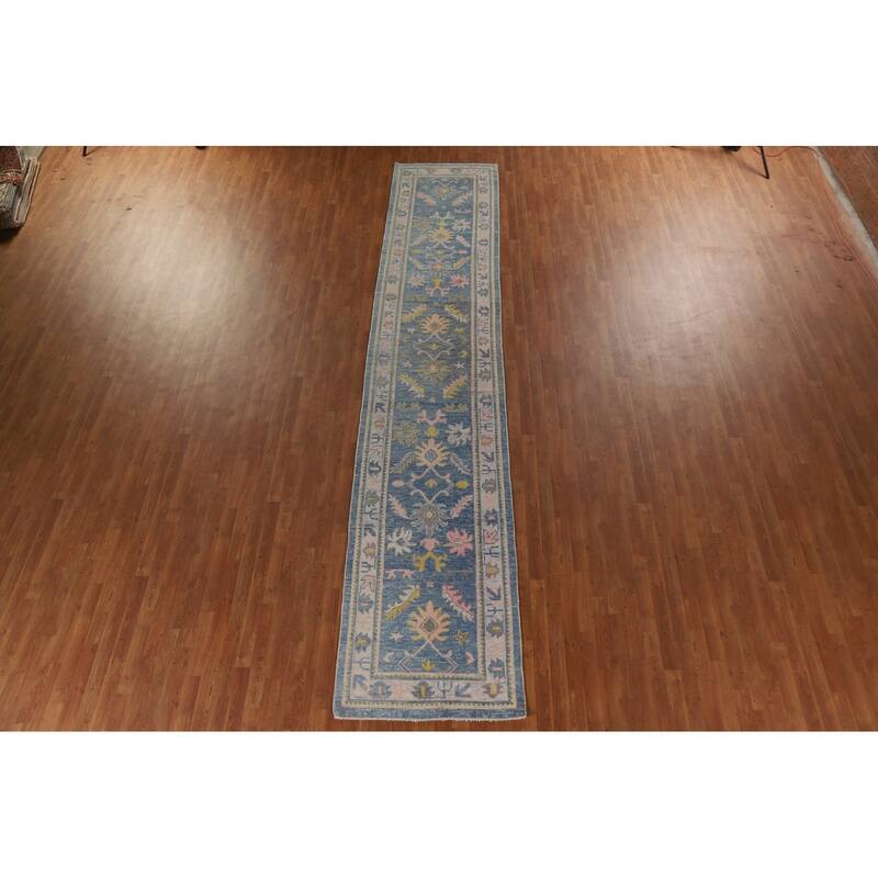 Vegetable Dye Floral Oushak Turkish Runner Rug Handmade Wool Carpet - 3'2"x 16'0"