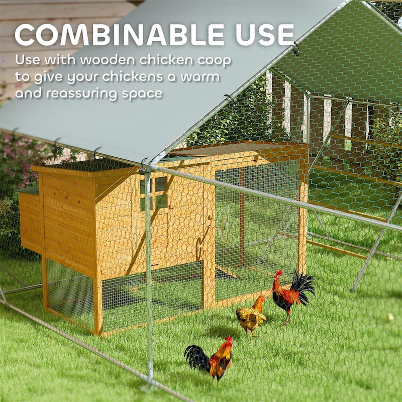 Galvanized Steel Chicken Run with Roof Cover and Secure Lock - 9.8'W x 26.2'D x 6.4'H