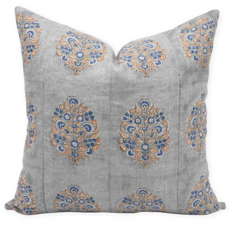Linen Square Block print pillow Cover - Guldasta - Pillow Covers - 20" x 20"