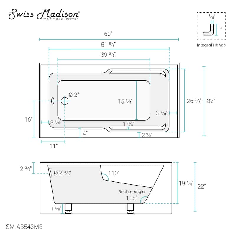 Swiss Madison Voltaire, Acrylic White, Alcove, Integral Armrest, Bathtub with Apron
