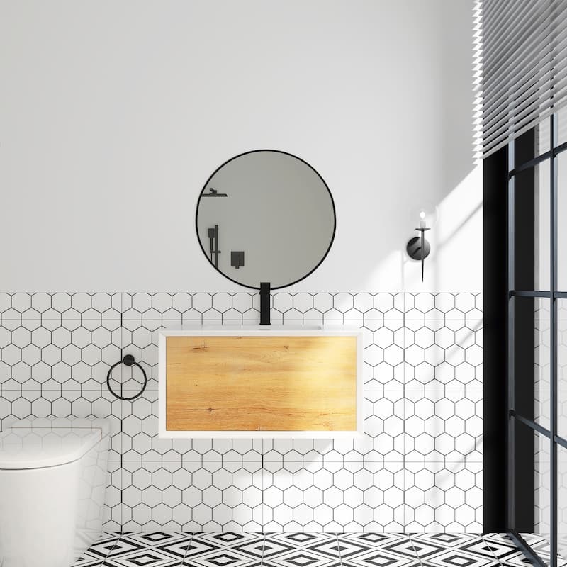 Wall-Mounted 1-drawer Bathroom Vanity Set in White and Oak with Integrated Solid Surface Sink - 30"
