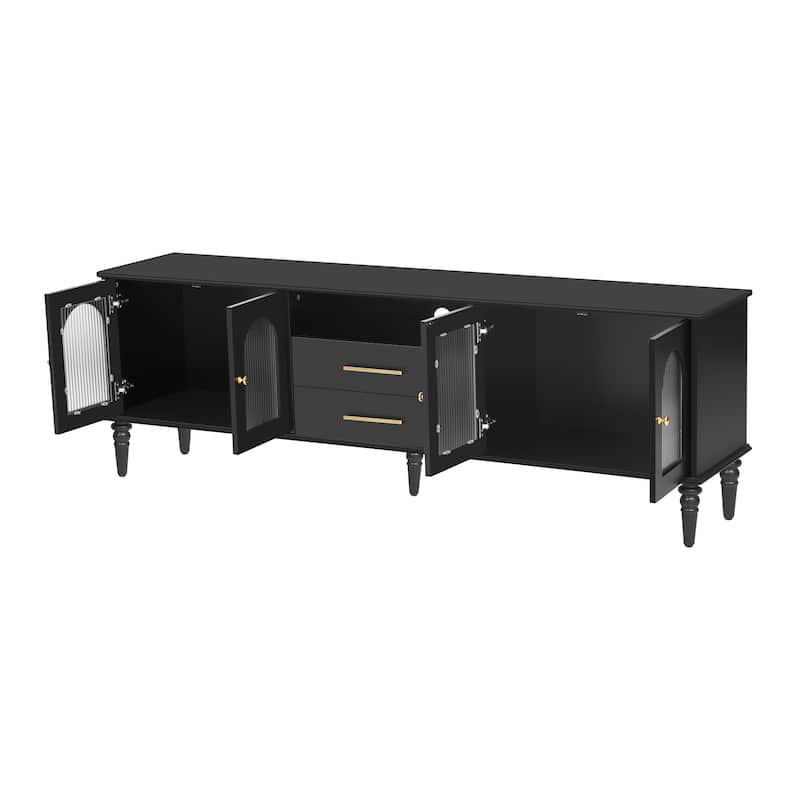 68.9" TV Stand with Glass Doors and Storage Cabinets, Retro Media Console for TVs up to 75", Solid Wood Leg Entertainment Center
