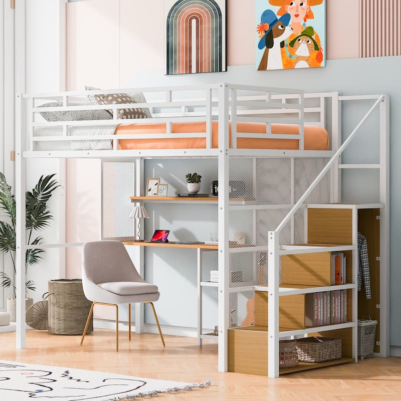 White Full Metal Loft Bed with Wardrobe, Desk & Storage Shelves - White
