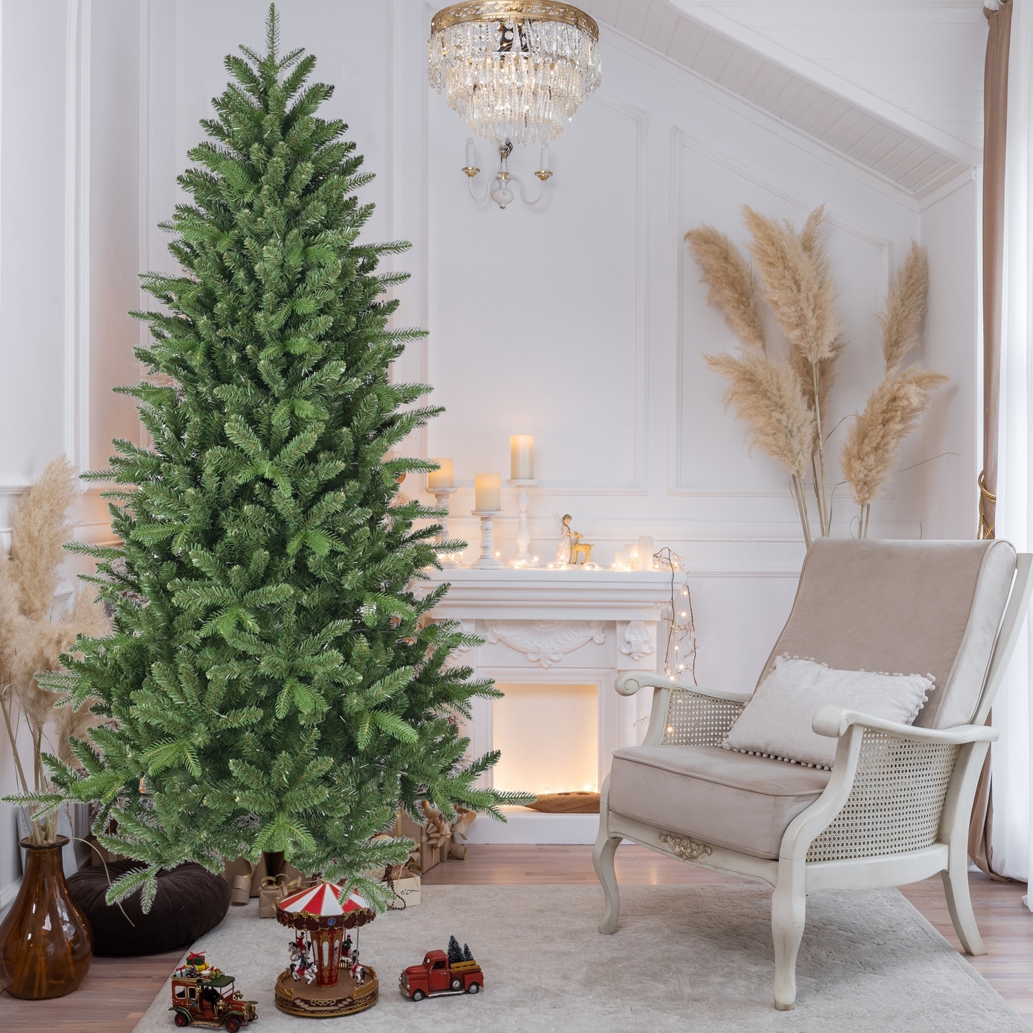 Unlit Artificial Hinged Pine Tree - PE+PVC Mixed Needles, Full Lush Shape, Metal Stand - Green
