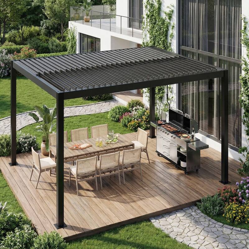 EROMMY Outdoor Louvered Pergola with Adjustable Aluminum Roof – Rainproof Gazebo for Patio & Garden