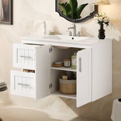 36" Wall Mounted Bathroom Vanity with 2 Drawers, 3 Holes Single Ceramic Sink