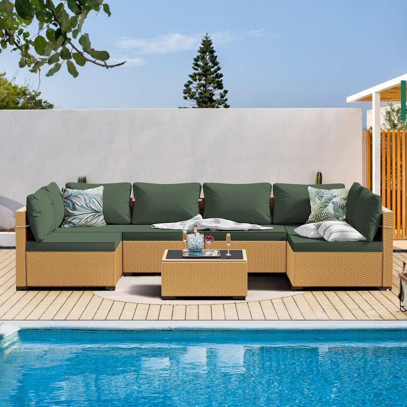 Patio Watcher 7-Piece Patio Yellow Wicker Sectional Seating Group with Cusions and Side Table