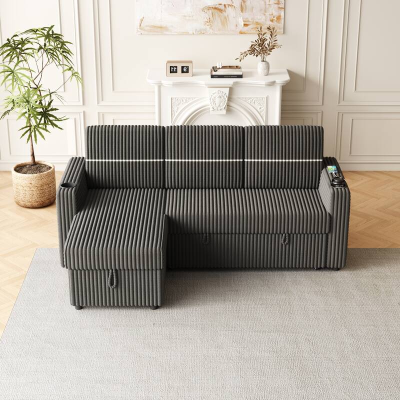 Corduroy 85" Sleeper Sofa Bed, 3-Seater with Storage Chaise, USB Port