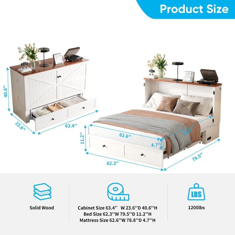 Mixoy Modern Full/Queen Size Murphy Bed Chest with Storage，USB Charging Station，No Mattress